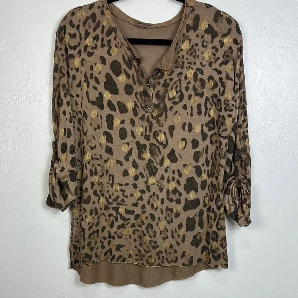 Tempo Paris S/M Leopard Print Gold Foil Roll-Tab Sleeve Tunic Top